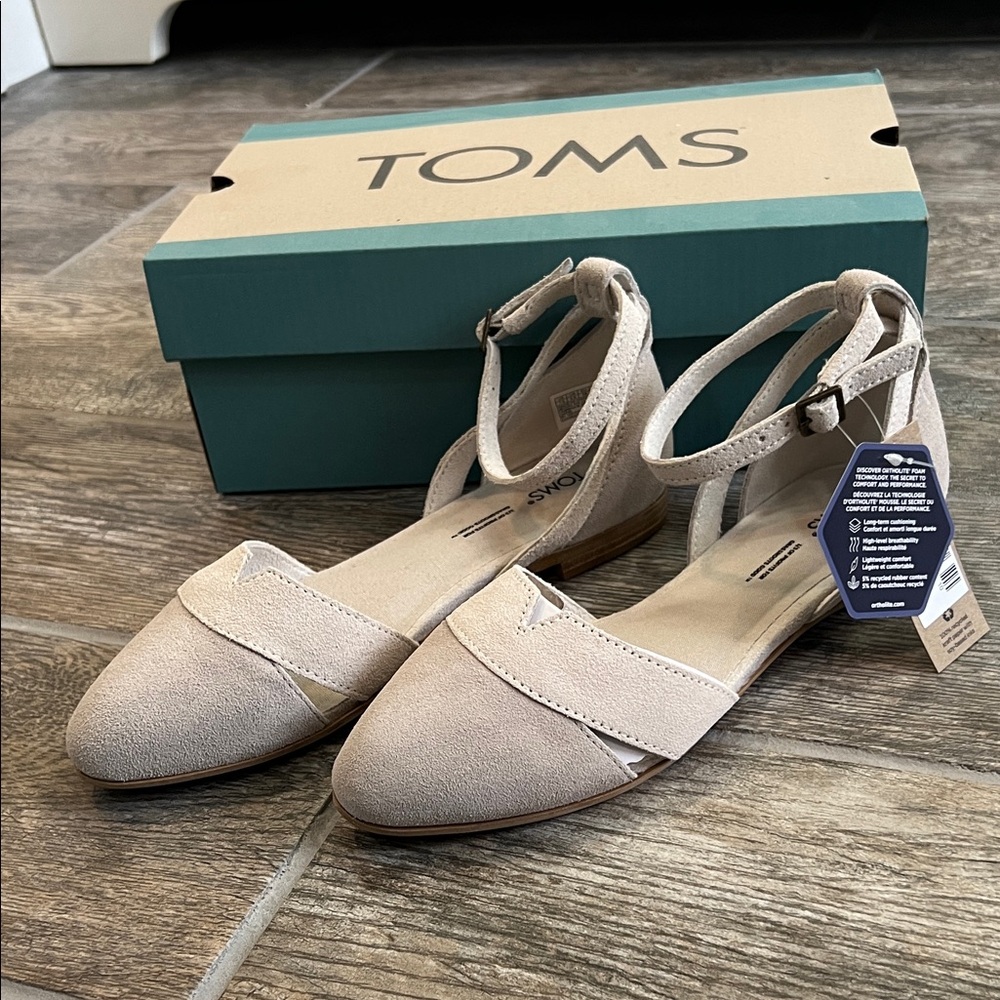 TOMS Juliannah pebble grey suede 7.5 flats ankle strap almond toe
